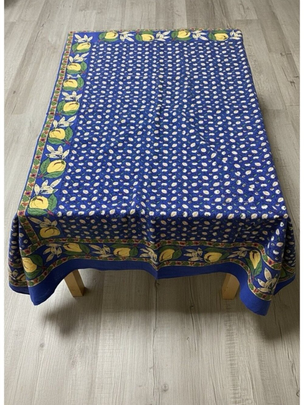 Williams Sonoma Cotton Tablecloth 70x98” Blue With Yellow Red Green Floral Fruit